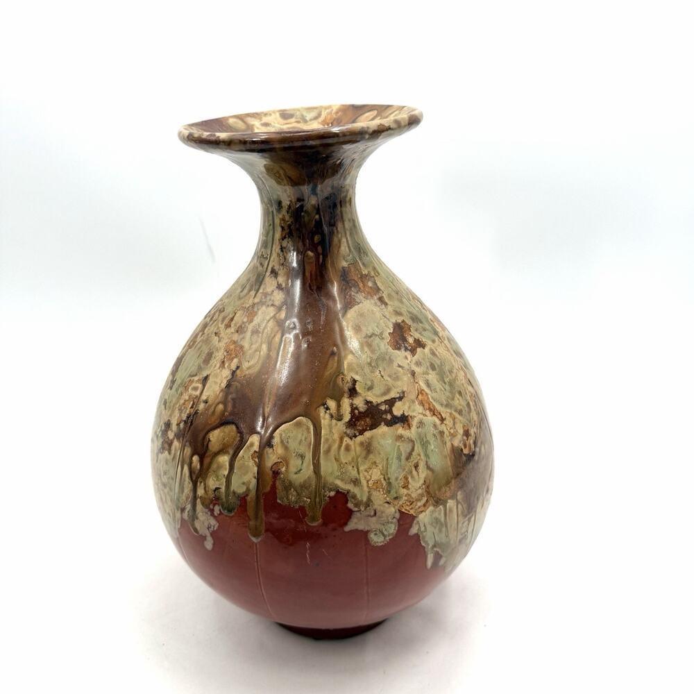 Studio Art Pottery Vase Drip Glaze Brown Rust Green Tones 8" x 14" Tall